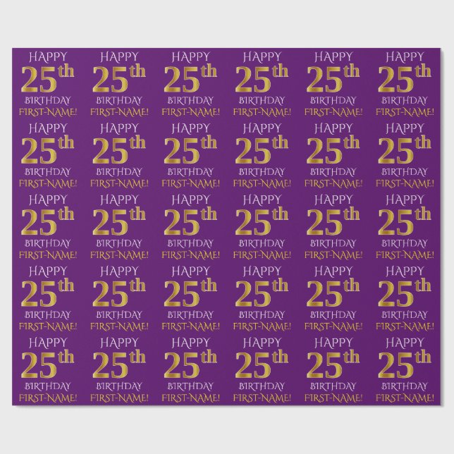 Papel De Presente Roxo, Dourado "FELIZ ANIVERSÁRIO 25" (Aberto)