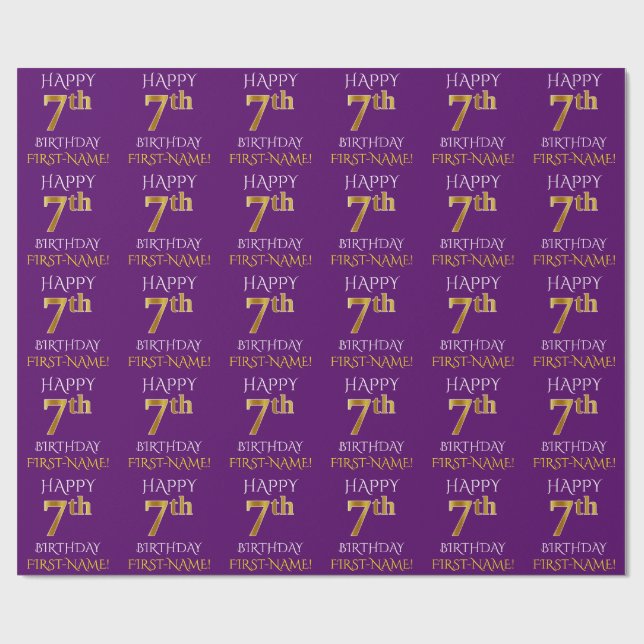Papel De Presente Roxo, Dourado "FELIZ ANIVERSÁRIO 7" (Aberto)