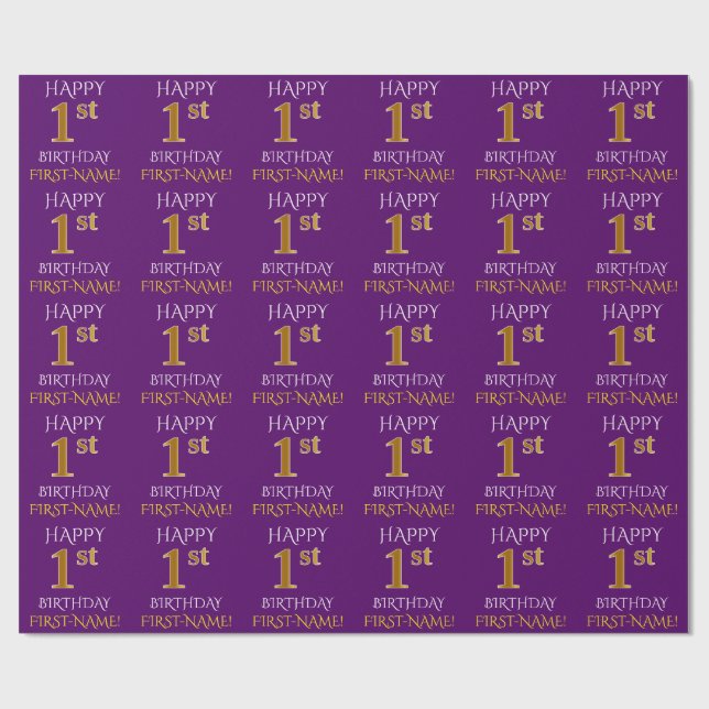 Papel De Presente Roxo, Dourado "primeiro aniversario FELIZ" (Aberto)