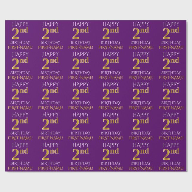 Papel De Presente Roxo, Dourado "segundo aniversário FELIZ" (Aberto)