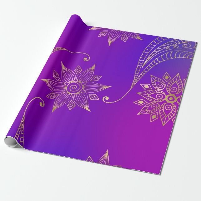 Papel De Presente Roxo e Dourado Folha de Arabiano Bollywood (Desenrolado)