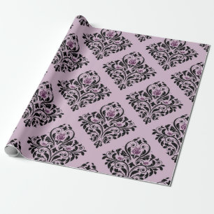 Papel De Presente Roxo e Preto Padrão Damask Vintage