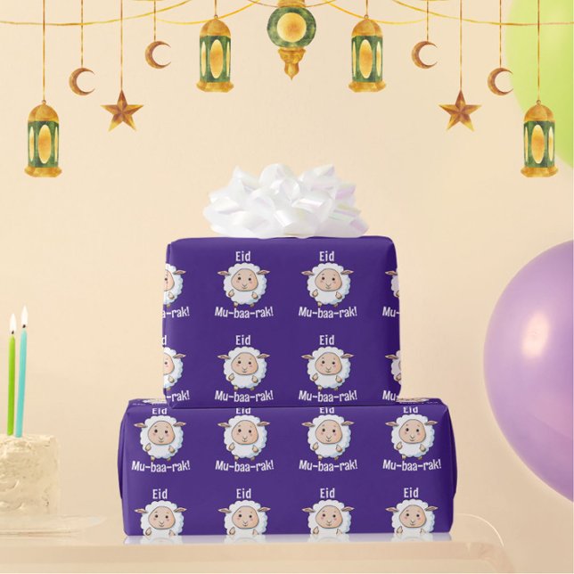 Papel De Presente Roxo "Eid Mubarak" Bela e Engraçado para Crianças (Fun purple Eid Mubarak sheep wrapping paper. Great for kids!)