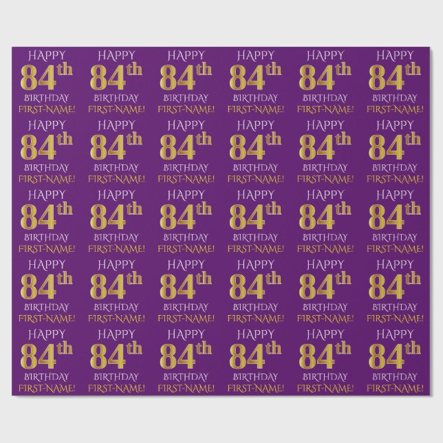 Papel De Presente Roxo, Faux Dourado "FELIZ 84º ANIVERSÁRIO" (Aberto)