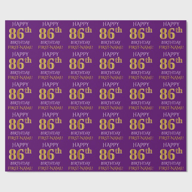 Papel De Presente Roxo, Faux Dourado "FELIZ 86 ANOS" (Aberto)