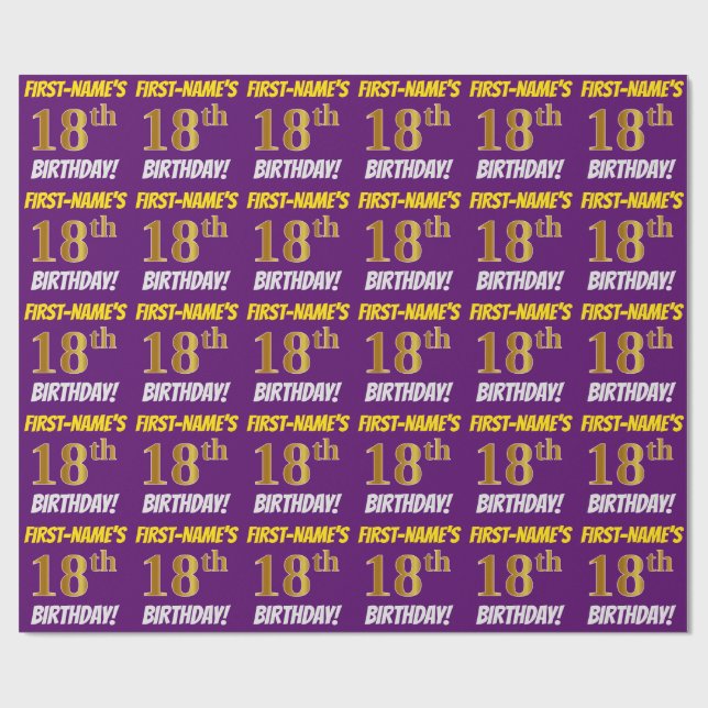 Papel De Presente Roxo, Faux/Imitação Dourada, "18º ANIVERSÁRIO" (Aberto)