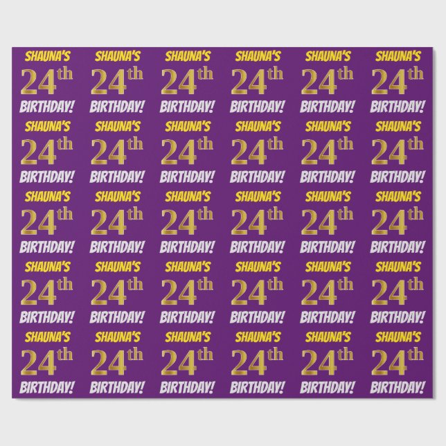 Papel De Presente Roxo, Faux/Imitação Dourada, "24º ANIVERSÁRIO" (Aberto)