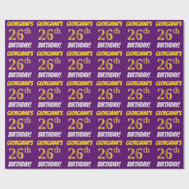 Papel De Presente Roxo, Faux/Imitação Dourada, "26 ANOS" (Aberto)