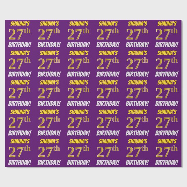 Papel De Presente Roxo, Faux/Imitação Dourada, "27º ANIVERSÁRIO" (Aberto)