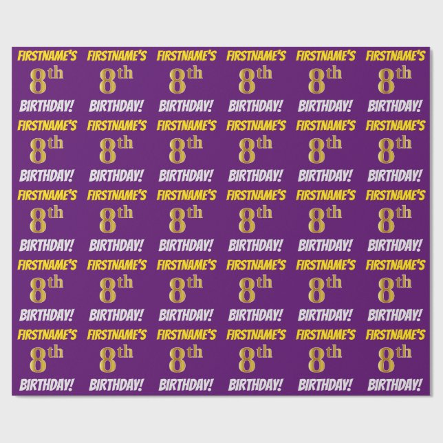 Papel De Presente Roxo, Faux/Imitação Dourada, "8º ANIVERSÁRIO" (Aberto)