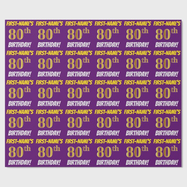 Papel De Presente Roxo, Faux/Imitação Dourada, "80 DE ANIVERSÁRIO" (Aberto)