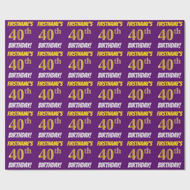 Papel De Presente Roxo, Faux/Imitação Dourada, "aniversário de 40 an (Aberto)