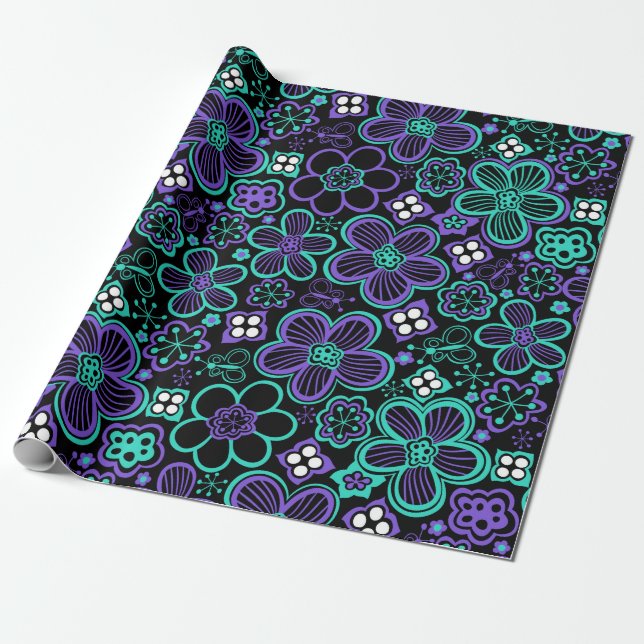 Papel De Presente Roxo floral do verde do preto do teste padrão do (Desenrolado)