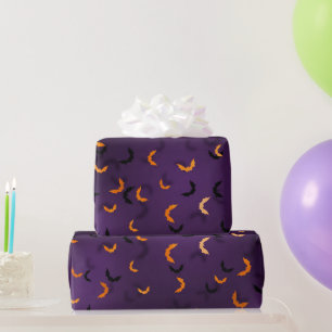 Papel De Presente Roxo Glamouroso & Laranja Morcegos Halloween Bokeh