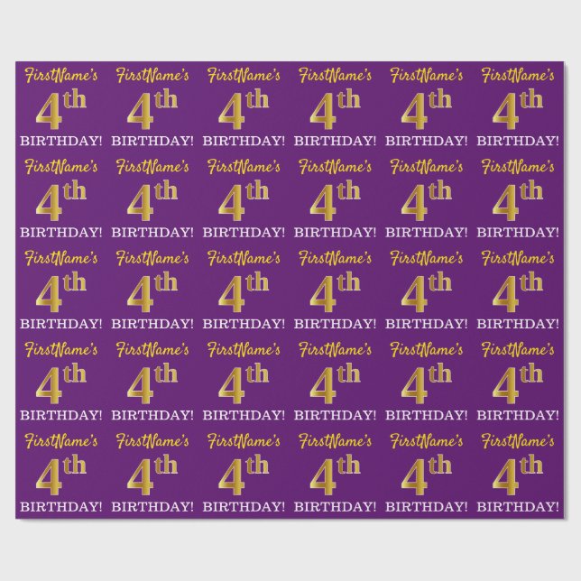 Papel De Presente Roxo, Imitação de Olhar Dourado "4º ANIVERSÁRIO" (Aberto)