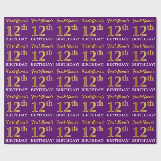 Papel De Presente Roxo, Imitação Dourada "12 BIRTHDAY" (Aberto)