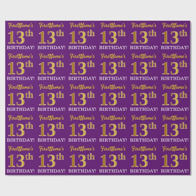 Papel De Presente Roxo, Imitação Dourada "13 BIRTHDAY" (Aberto)