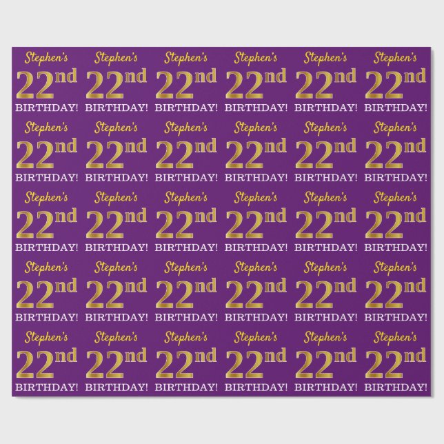 Papel De Presente Roxo, Imitação Dourada "22º ANIVERSÁRIO" (Aberto)