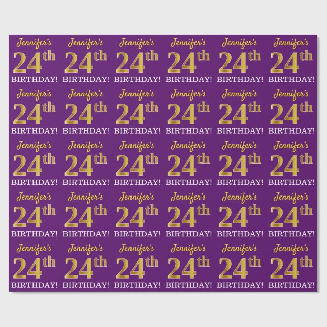Papel De Presente Roxo, Imitação Dourada "24º ANIVERSÁRIO" (Aberto)
