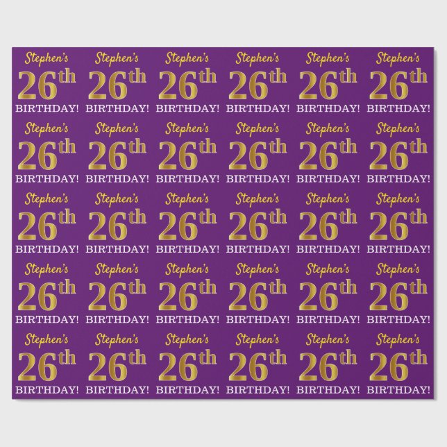 Papel De Presente Roxo, Imitação Dourada "26º ANIVERSÁRIO" (Aberto)