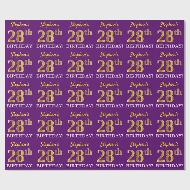 Papel De Presente Roxo, Imitação Dourada "28 ANOS" (Aberto)