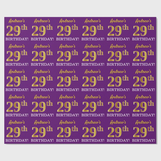 Papel De Presente Roxo, Imitação Dourada "29º ANIVERSÁRIO" (Aberto)