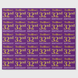 Papel De Presente Roxo, Imitação Dourada "32º ANIVERSÁRIO"