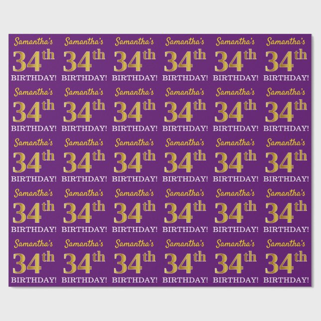 Papel De Presente Roxo, Imitação Dourada "34º ANIVERSÁRIO" (Aberto)