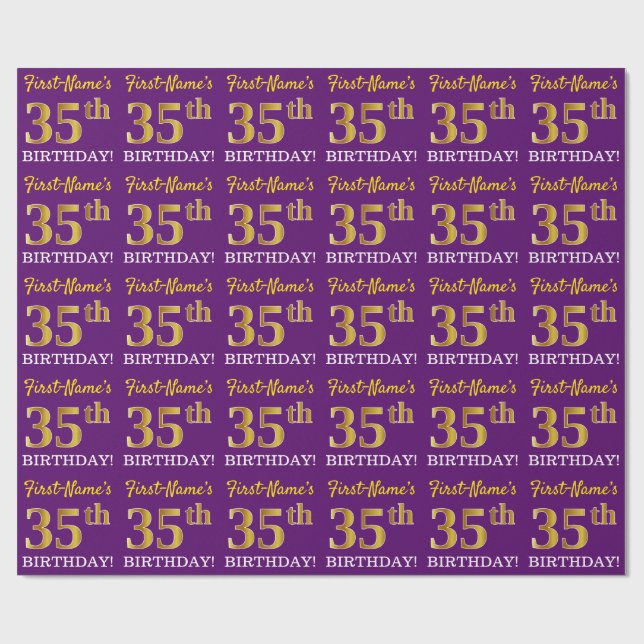 Papel De Presente Roxo, Imitação Dourada "35 ANOS" (Aberto)