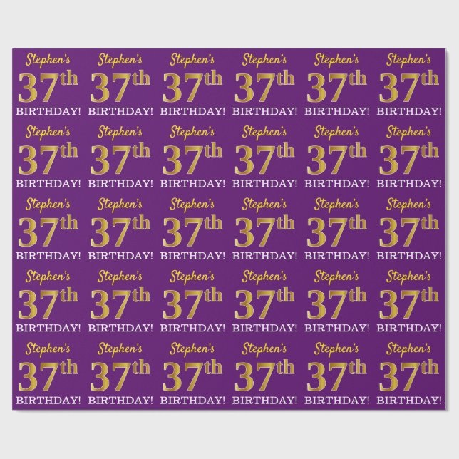 Papel De Presente Roxo, Imitação Dourada "37º ANIVERSÁRIO" (Aberto)