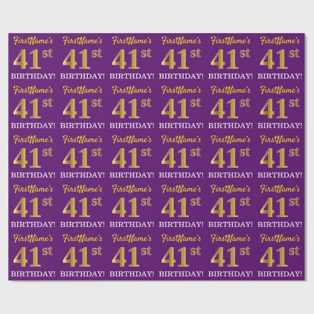 Papel De Presente Roxo, Imitação Dourada "41 rua ANIVERSÁRIO" (Aberto)