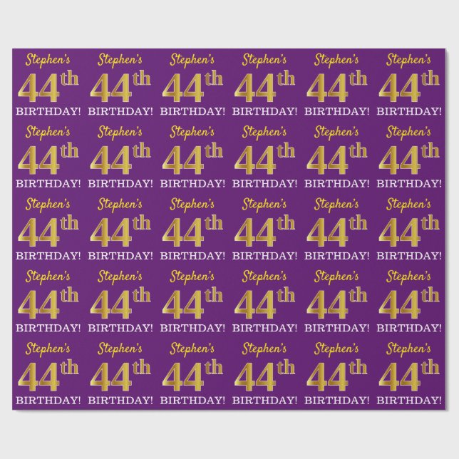 Papel De Presente Roxo, Imitação Dourada "44 BIRTHDAY" (Aberto)