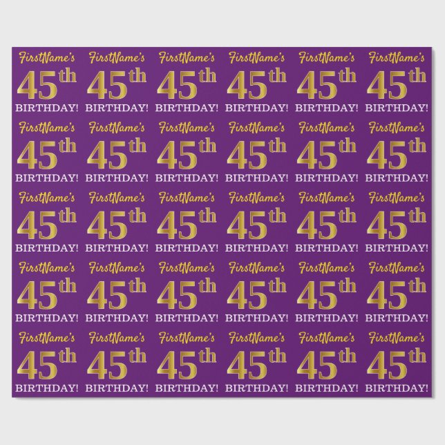 Papel De Presente Roxo, Imitação Dourada "45 ANOS" (Aberto)