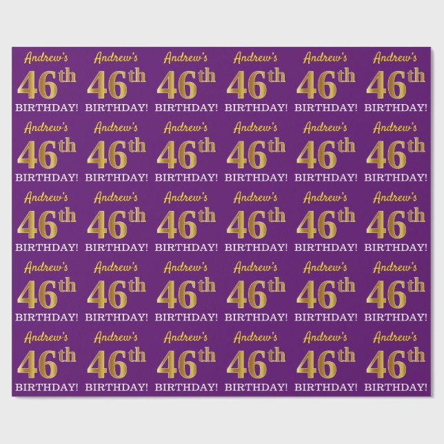 Papel De Presente Roxo, Imitação Dourada "46 ANOS" (Aberto)