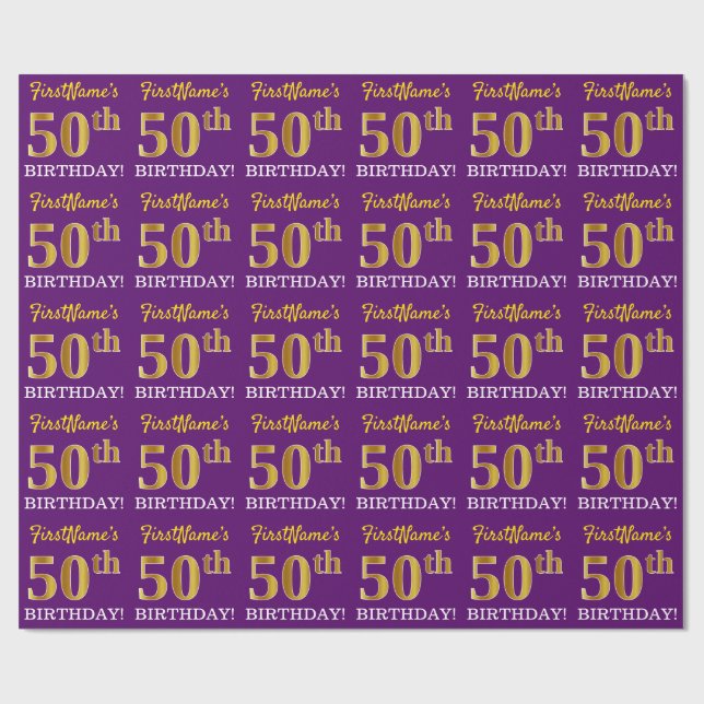 Papel De Presente Roxo, Imitação Dourada "50º ANIVERSÁRIO" (Aberto)