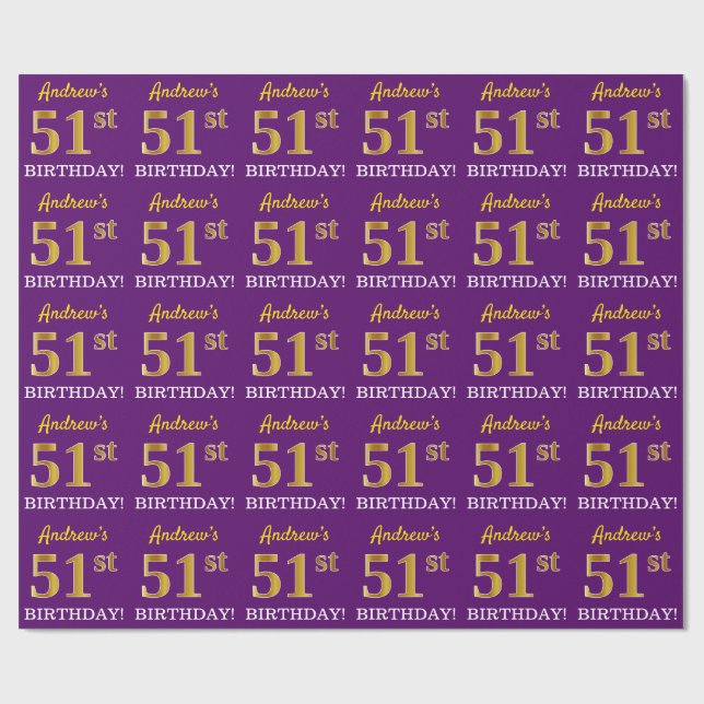 Papel De Presente Roxo, Imitação Dourada "51 ruas ANIVERSÁRIO" (Aberto)