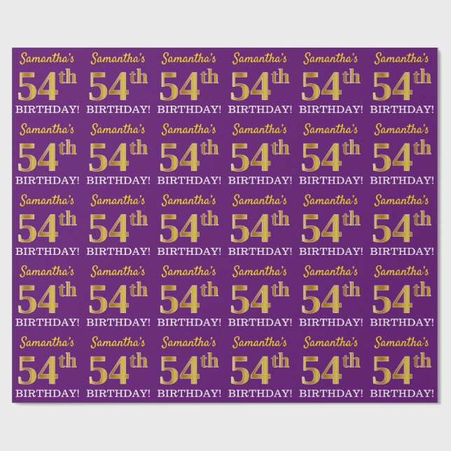 Papel De Presente Roxo, Imitação Dourada "54º ANIVERSÁRIO" (Aberto)