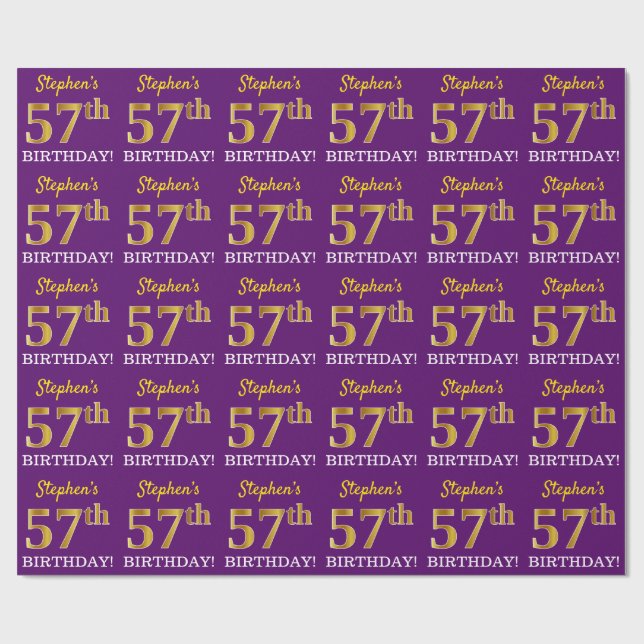 Papel De Presente Roxo, Imitação Dourada "57º ANIVERSÁRIO" (Aberto)