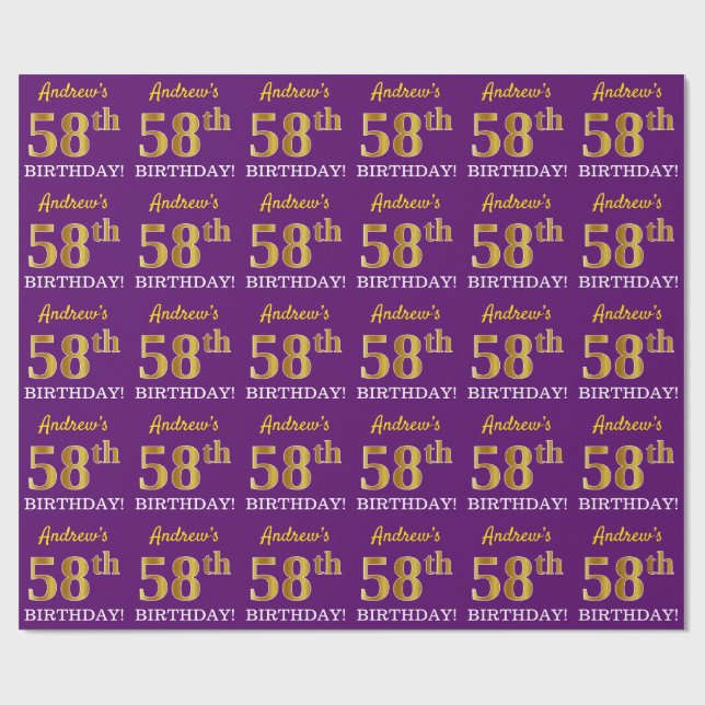 Papel De Presente Roxo, Imitação Dourada "58º ANIVERSÁRIO" (Aberto)