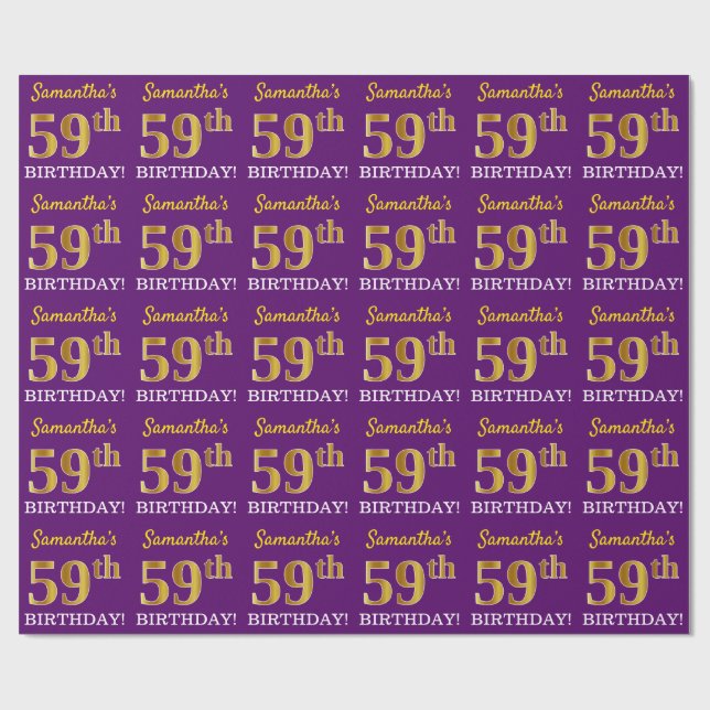 Papel De Presente Roxo, Imitação Dourada "59 ANOS" (Aberto)