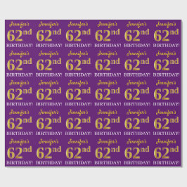 Papel De Presente Roxo, Imitação Dourada "62º ANIVERSÁRIO"