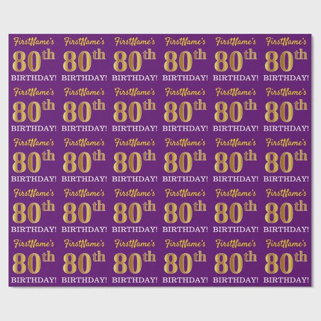 Papel De Presente Roxo, Imitação Dourada "80 BIRTHDAY" (Aberto)