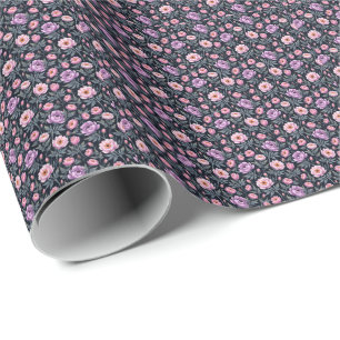 Papel De Presente Roxo Macio e Floral Rosa