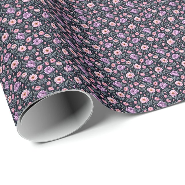 Papel De Presente Roxo Macio e Floral Rosa (Ponta do rolo)
