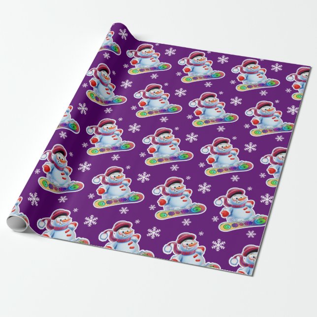 Papel De Presente Roxo matte do boneco de neve da snowboarding (Desenrolado)