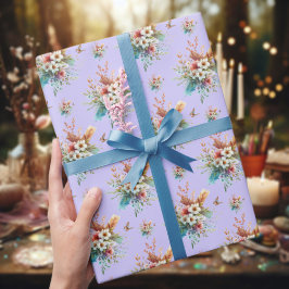 Papel De Presente Roxo Pastel Floral Cruz Páscoa Água-marinha