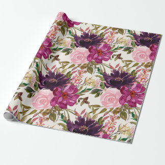 Papel De Presente Roxo Rosa Magenta Floral Botânico Aquarela