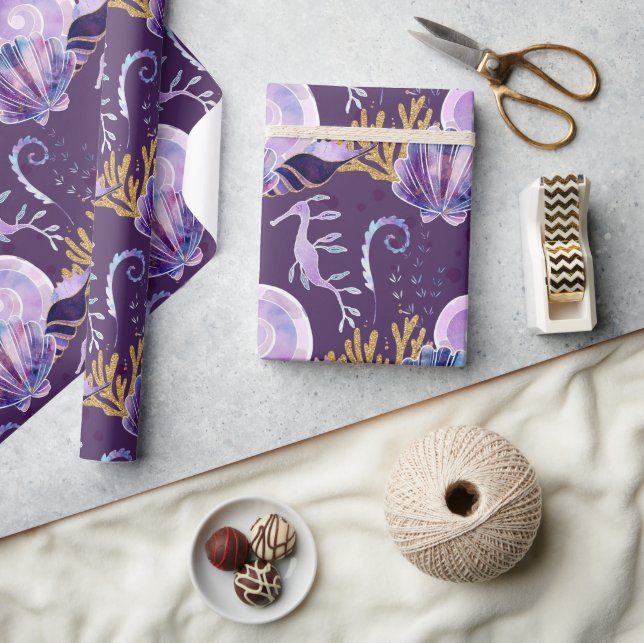 Papel De Presente Roxo sob o mar com brilho (Artesanato)