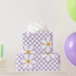 Papel De Presente Roxo xadrez retrô e margarida