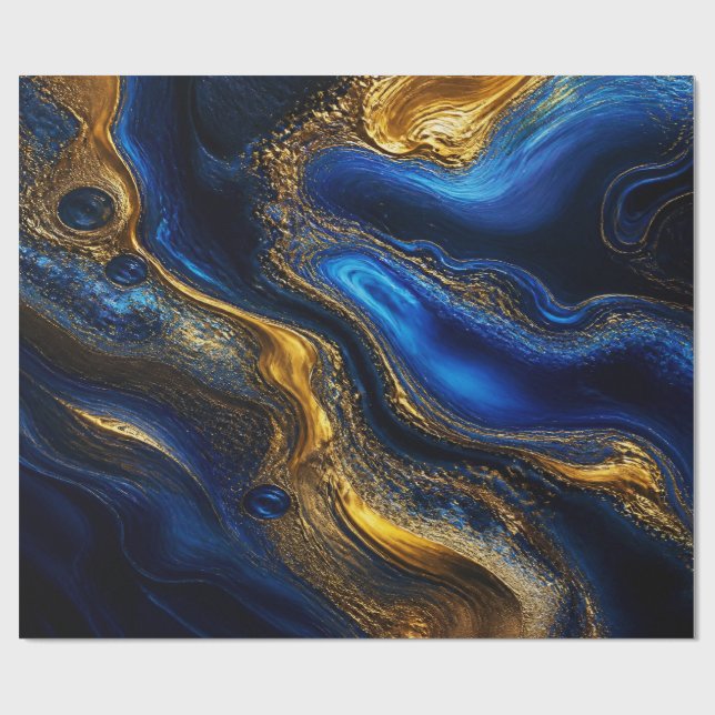 Papel De Presente Royal Blue & Gold Fluid Art (Aberto)